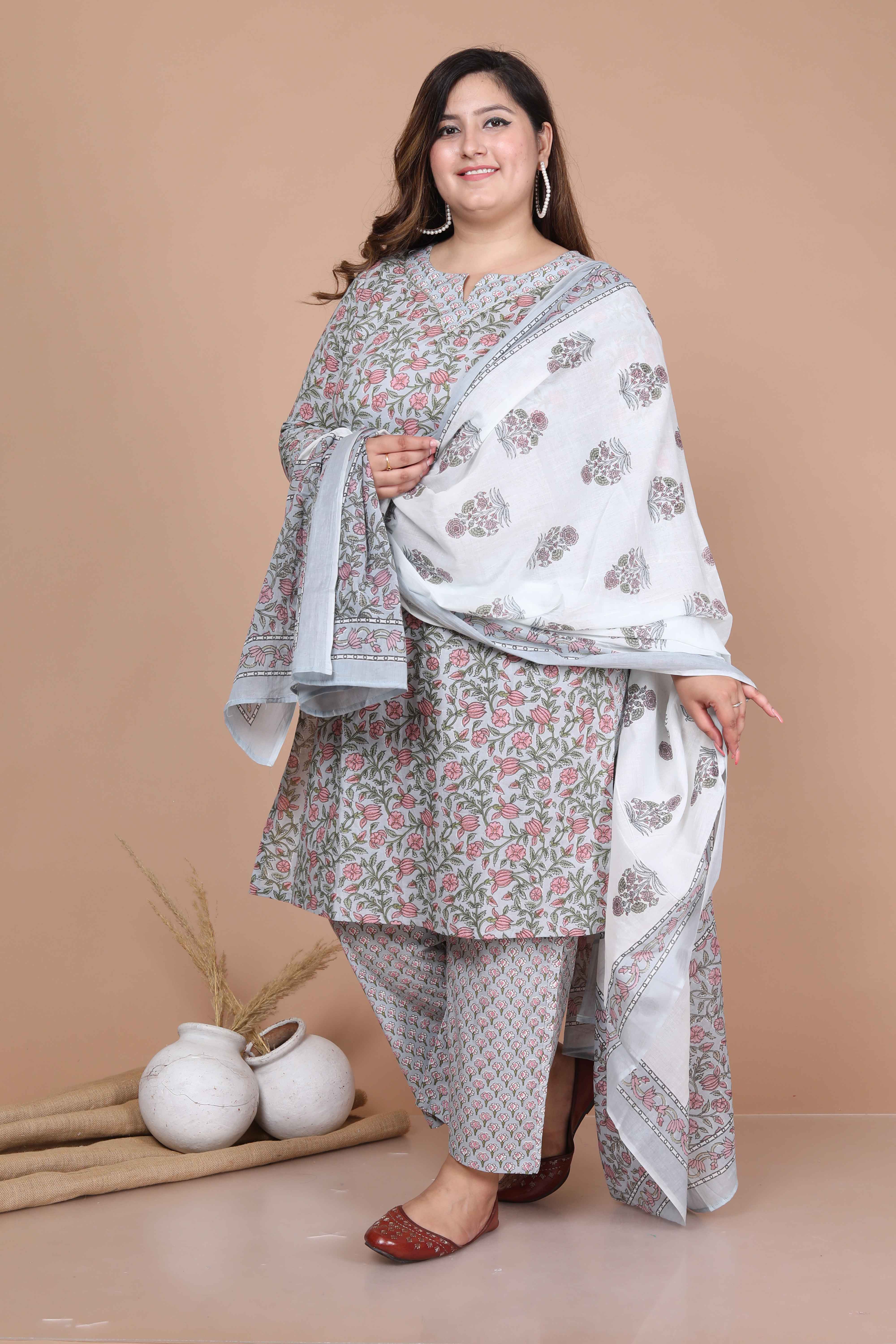 Blue Printed Cotton Straight Kurta with Palazzo and Dupatta Set
